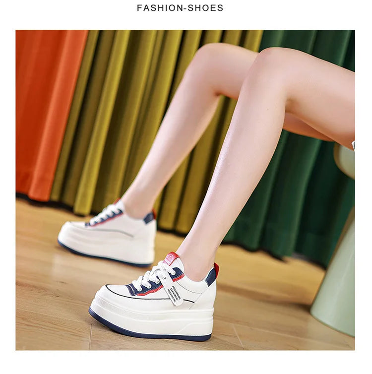 Fujin-Chaussures à l'offre elles compensées en cuir véritable pour femme, grosses chaussures blanches de 9cm, à la mode, automne et été