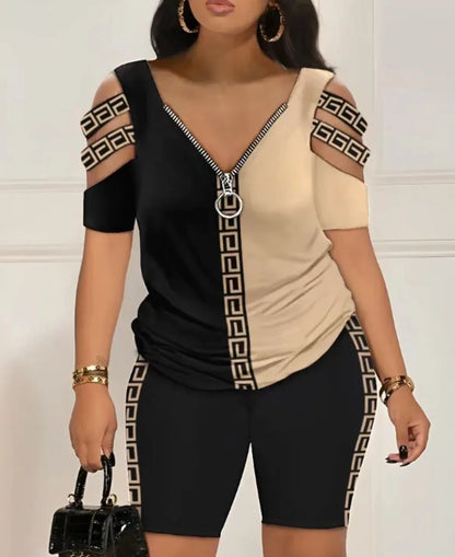 T-shirt et short évidés pour femmes, ensemble 2 pièces, tenue décontractée, t-shirts College, été, sexy, 2024