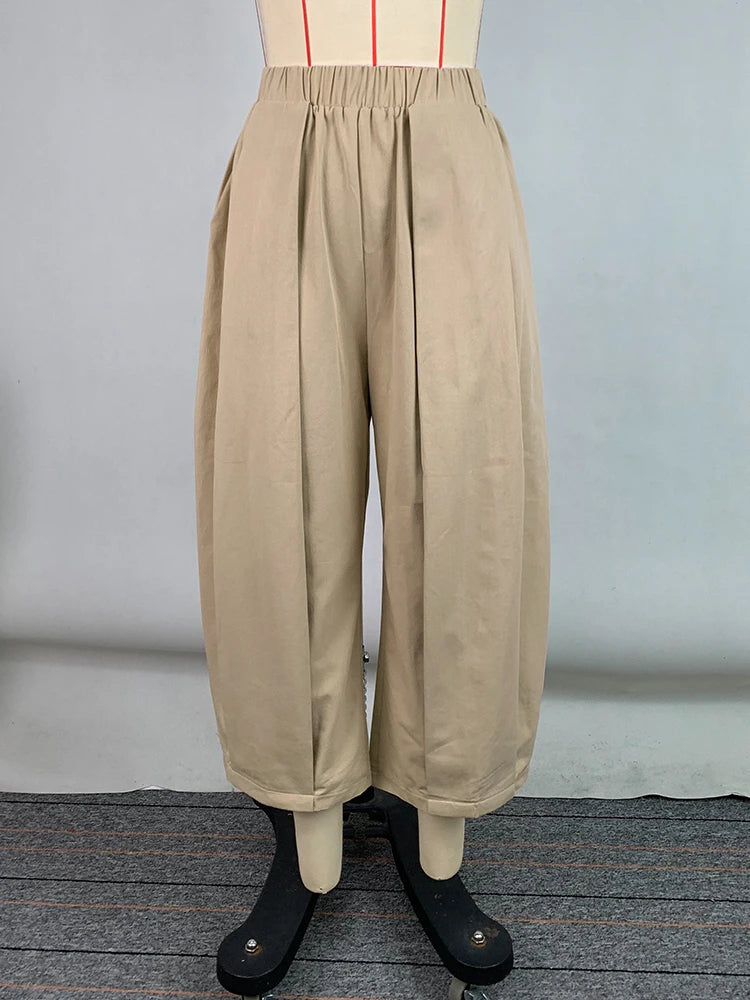 Beautyblue kaki femmes pantalon jambe large Capri pantalon été nouvelle mode poche ample taille élastique ample coton pantacourt