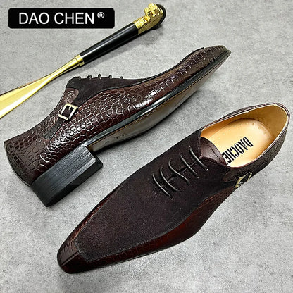 Hommes de luxe Oxford chaussures à lacets bout fendu noir marron hommes chaussures habillées daim Patchwork Crocodile imprime chaussures en cuir hommes