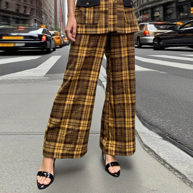 Krisstargirl 2 pièces ensembles tenue pour femmes été automne Plaid vêtements d'extérieur gilet haut pantalon à jambes larges correspondant costumes femme