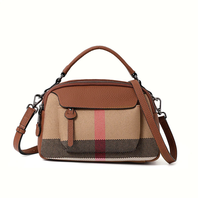 Sac à main chic à motif écossais – Toile premium – Mélange de cuir, haut élégant – poignée et bandoulière