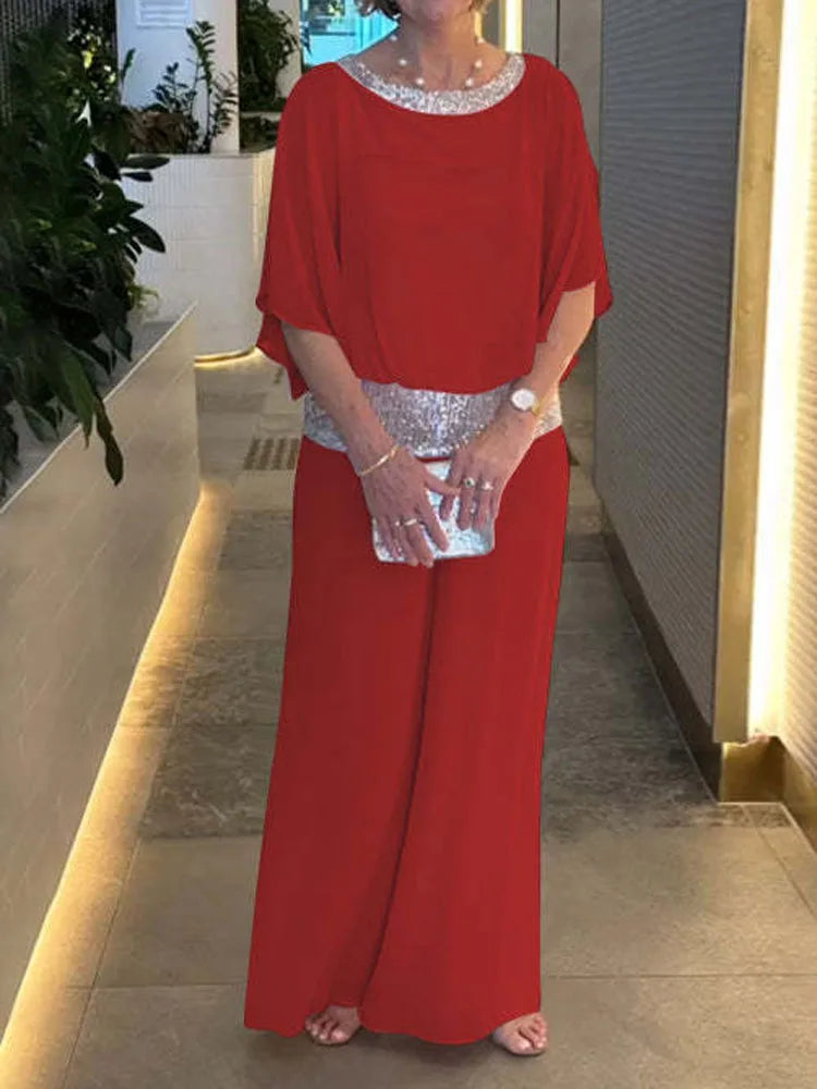 Femmes paillettes Patchwork ample chauve-souris Blouse pantalon ensembles 2 pièces vente rose chemisier ample et jambe large pantalon ample costumes NMD- 250310004