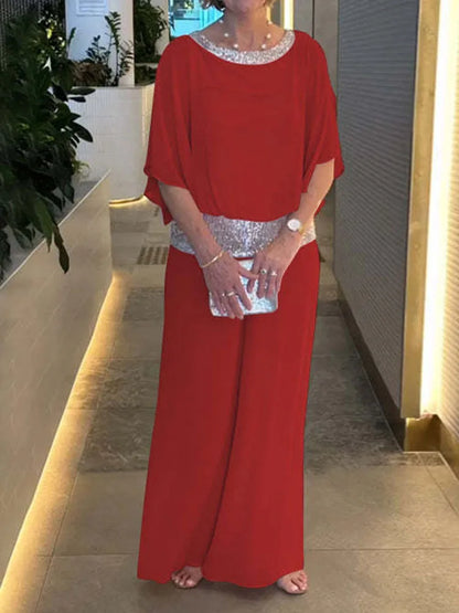 Femmes paillettes Patchwork ample chauve-souris Blouse pantalon ensembles 2 pièces vente rose chemisier ample et jambe large pantalon ample costumes NMD- 250310004