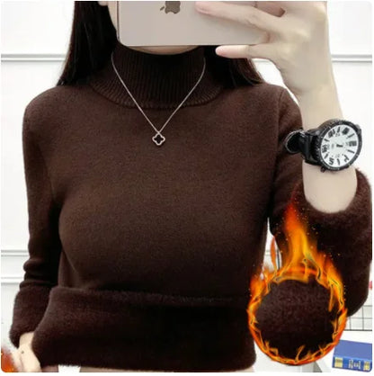 Pull Slim à Demi-Col Roulé pour Femme, Tricot Doublé de Velours, Chaud, Épais, en Jersey Doux, Collection Hiver