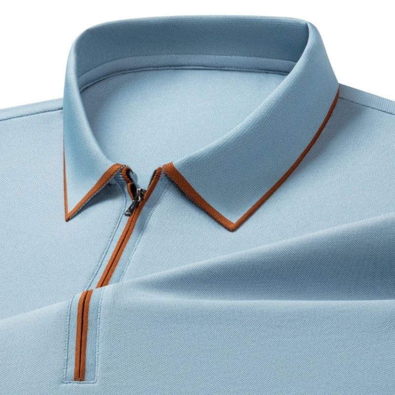 Polo en soie à fermeture éclair pour hommes, T-Shirt à manches courtes en mûrier avec fermeture éclair en métal, col montant, haut d'été décontracté de luxe en coton et lin