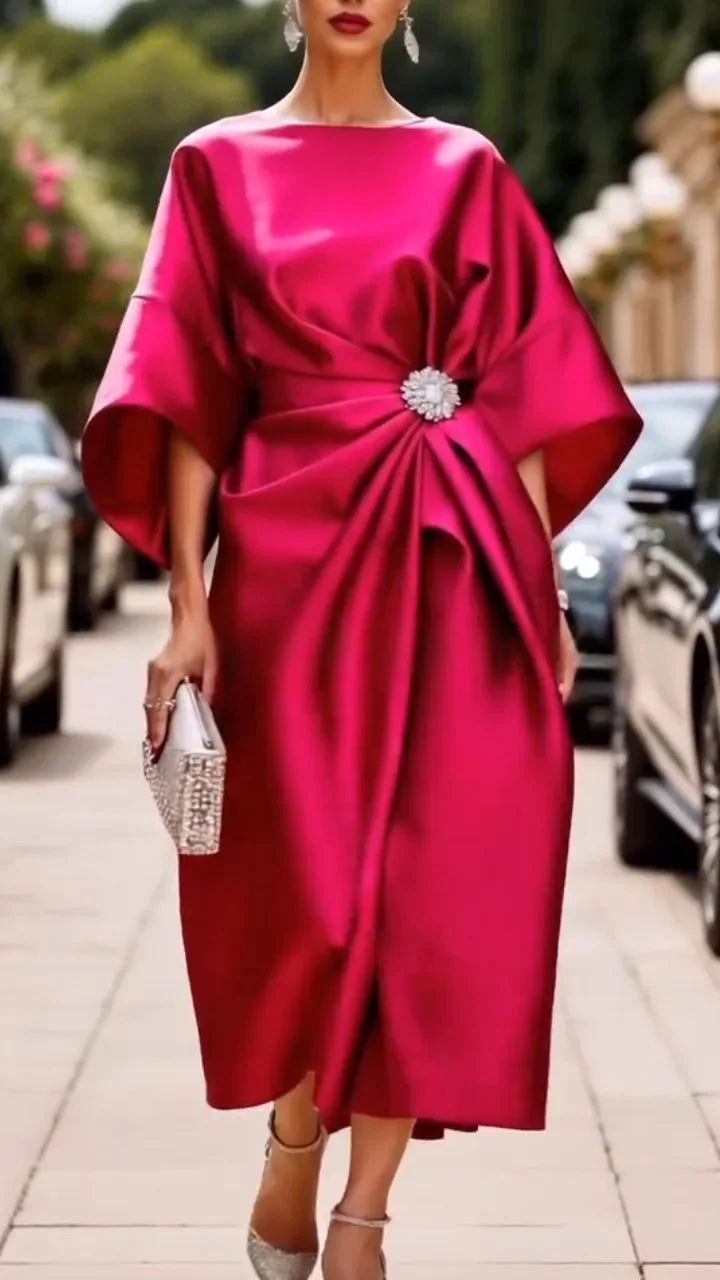 Robe d'invité de mariage élégante pour femmes, Champagne, col rond évasé, manches 3/4, nœud à paillettes, robes mi-longues en Satin pour soirée Cocktail