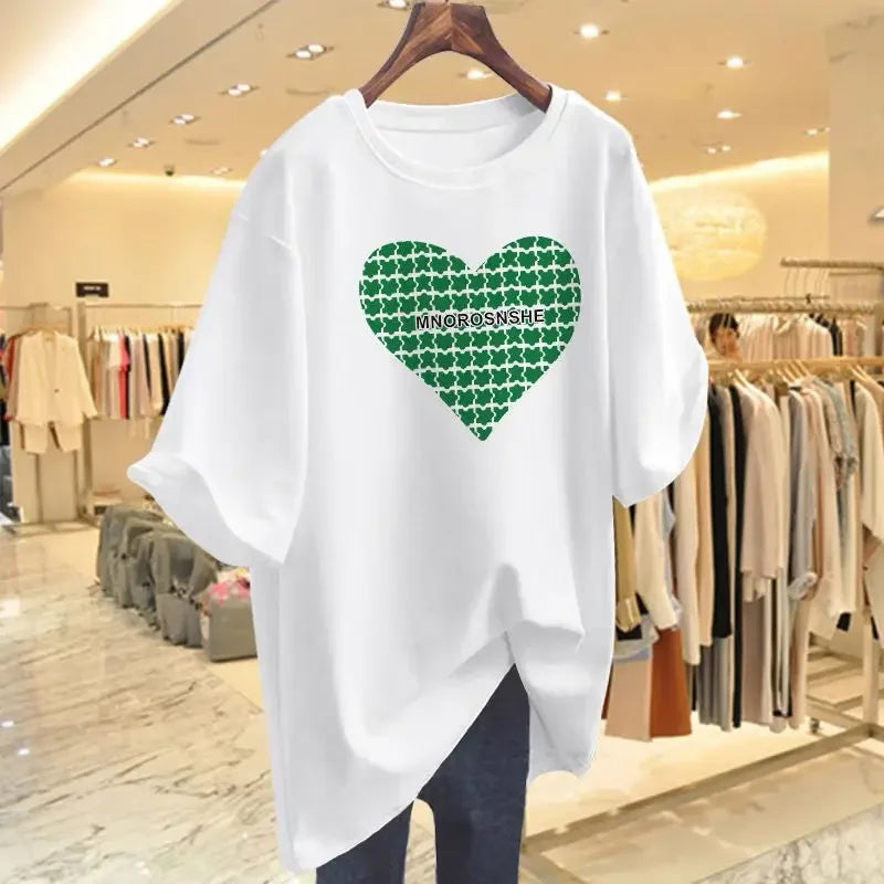 T-shirt à manches courtes en coton imprimé Love pour femmes, t-shirts basiques décontractés à col rond, pulls Lady At, été