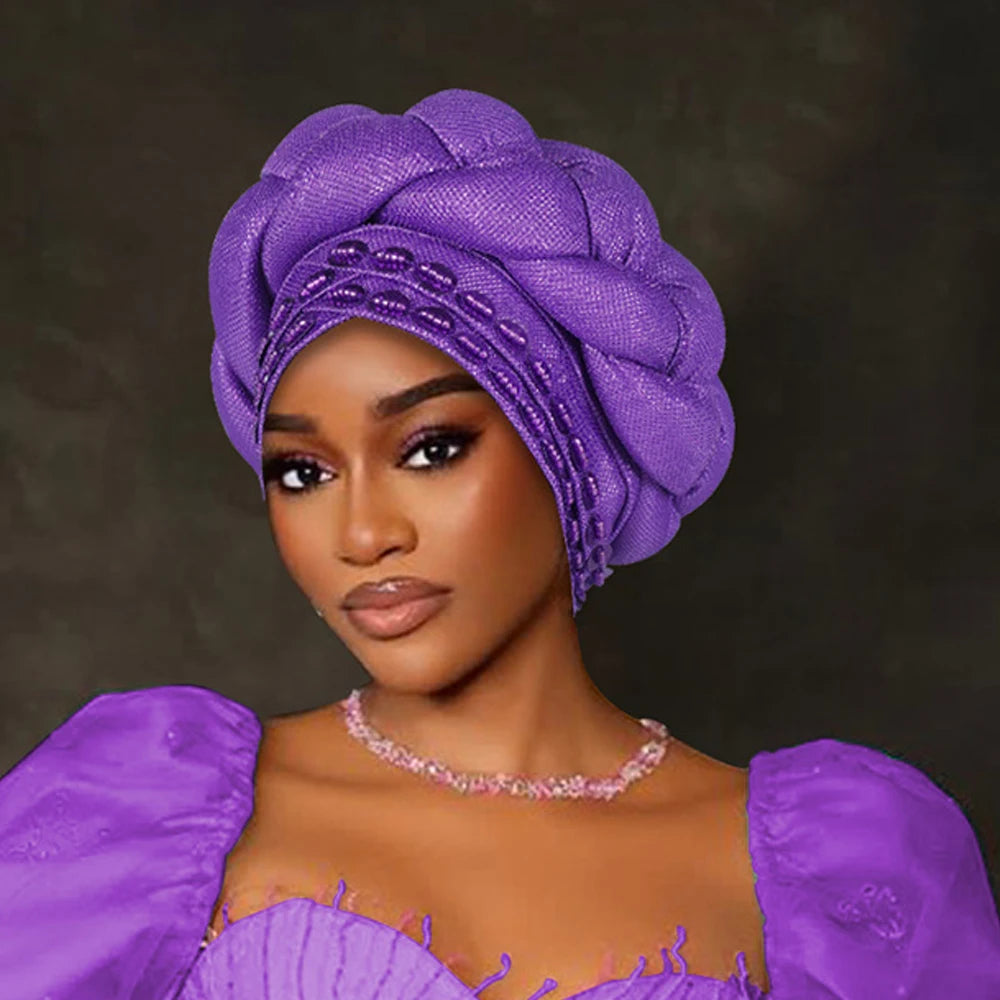 Couvre-chef africain Auto Gele déjà fabriqué, Turban brillant pour femmes, Hijab nigérian tressé, couvre-chef pour fête de mariage
