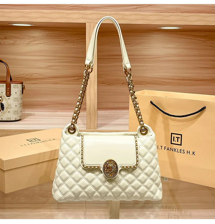 Sac à chaîne en cuir véritable pour femmes en 2025, nouveau design avec un sens du luxe, sac à bandoulière sous les bras de grande capacité