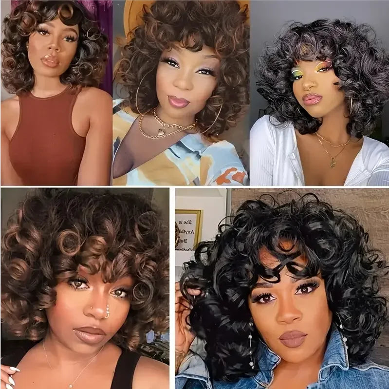 Hairugo-Perruque de Cheveux Humains Bouclés Coupe Pixie à Reflets, Sans Colle, avec Frange Entièrement Fabriquée à la Machine