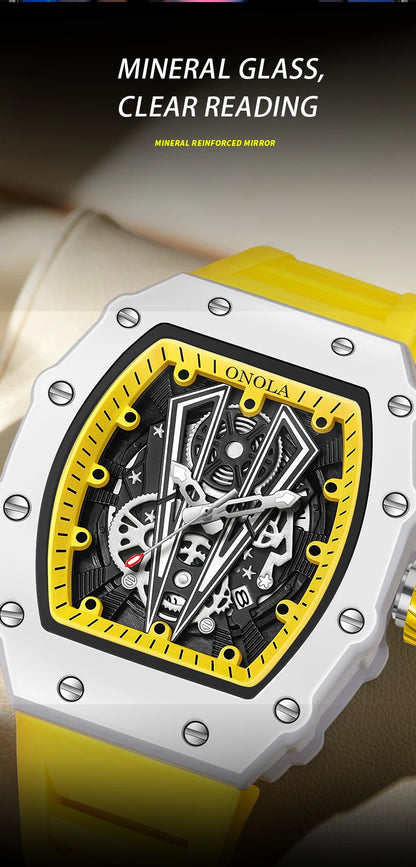 ONOLA-Montre Tonneau Blanche pour Homme, Horloge Masculine, Calendrier Showous, Degré d'Eau, Bande en Silicone