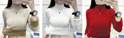 Pull Slim à Demi-Col Roulé pour Femme, Tricot Doublé de Velours, Chaud, Épais, en Jersey Doux, Collection Hiver