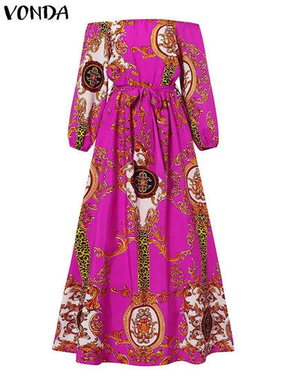 VONDA-Robe maxi bohème pour femmes, robe de soirée imprimée, robe d'été sexy à manches longues lanterne, robe vintage ceinturée, robe éducative, 2023