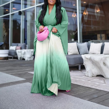 CM.YAYA – ensemble dégradé pour femmes, chemisier à manches longues avec ceinture, chemise et jupes longues plissées, costume de rue, ensemble deux pièces, survêtement