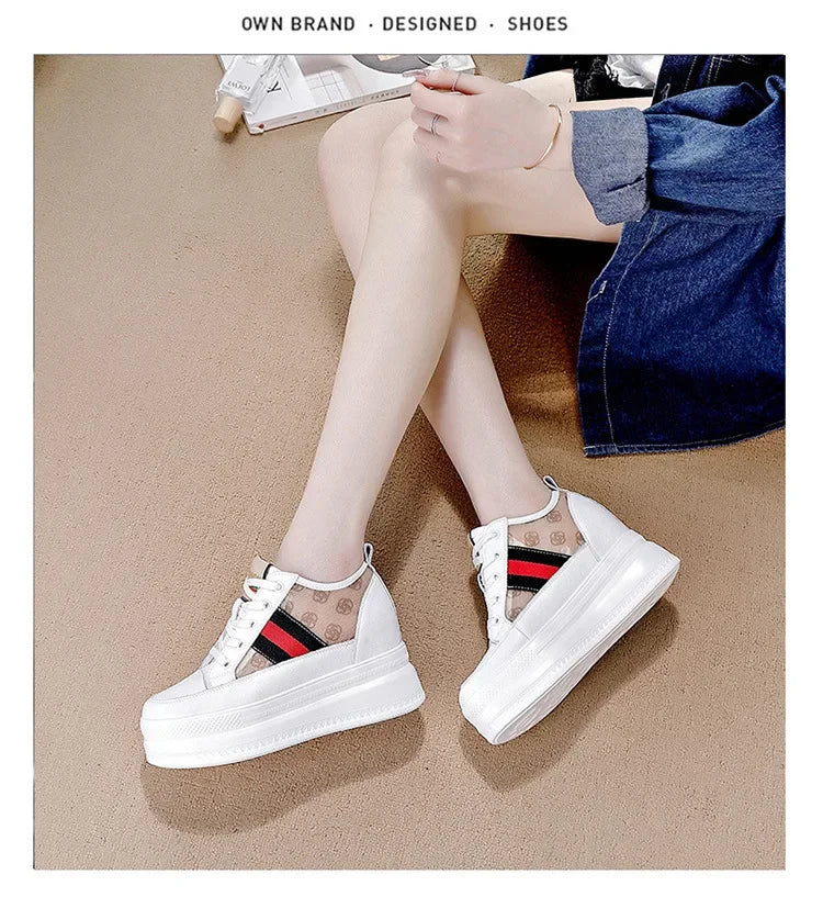 9cm femmes chaussures grosses baskets Air maille évider en cuir véritable blanc chaussures compensées plate-forme talon pompes Mujer Bombas