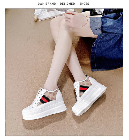 9cm femmes chaussures grosses baskets Air maille évider en cuir véritable blanc chaussures compensées plate-forme talon pompes Mujer Bombas