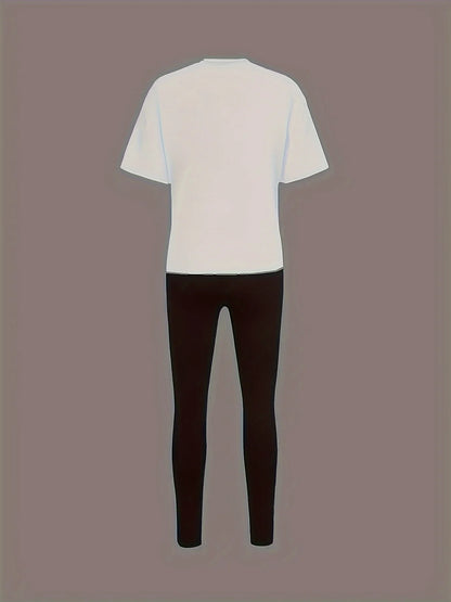 Ensemble de tenue de sport pour femmes, grande taille, lettre imprimée, T-shirt noir à manches courtes, haut et pantalon, Fitness, ensemble 2 pièces