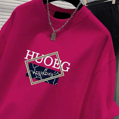 T-shirt à manches courtes en pur coton de style européen pour femmes, vêtements d'été décontractés, haut imprimé à col rond, pull basique pour femme