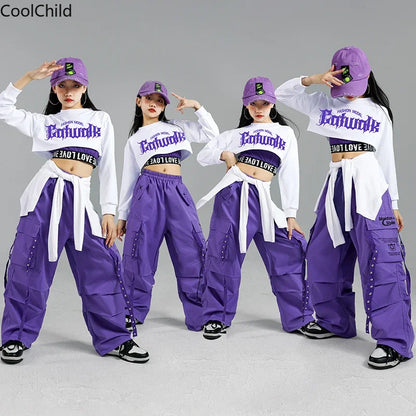 Haut court K-pop pour filles, pantalons cargo, cardigan de danse de rue pour enfants, olympiques streetwear pour enfants, ensembles de vêtements de groupe de filles Jazz