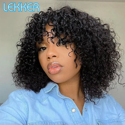 Lekker couleur courte Pixie Afro crépus bouclés Bob 100% perruques de cheveux humains avec frange pour les femmes brésilien Remy cheveux Ombre brun perruques