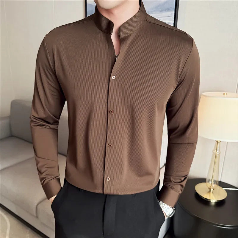 Chemise à col montant de style chinois, chemise à manches longues, drapeau haut de gamme, haute élasticité, sans trace, nouveau