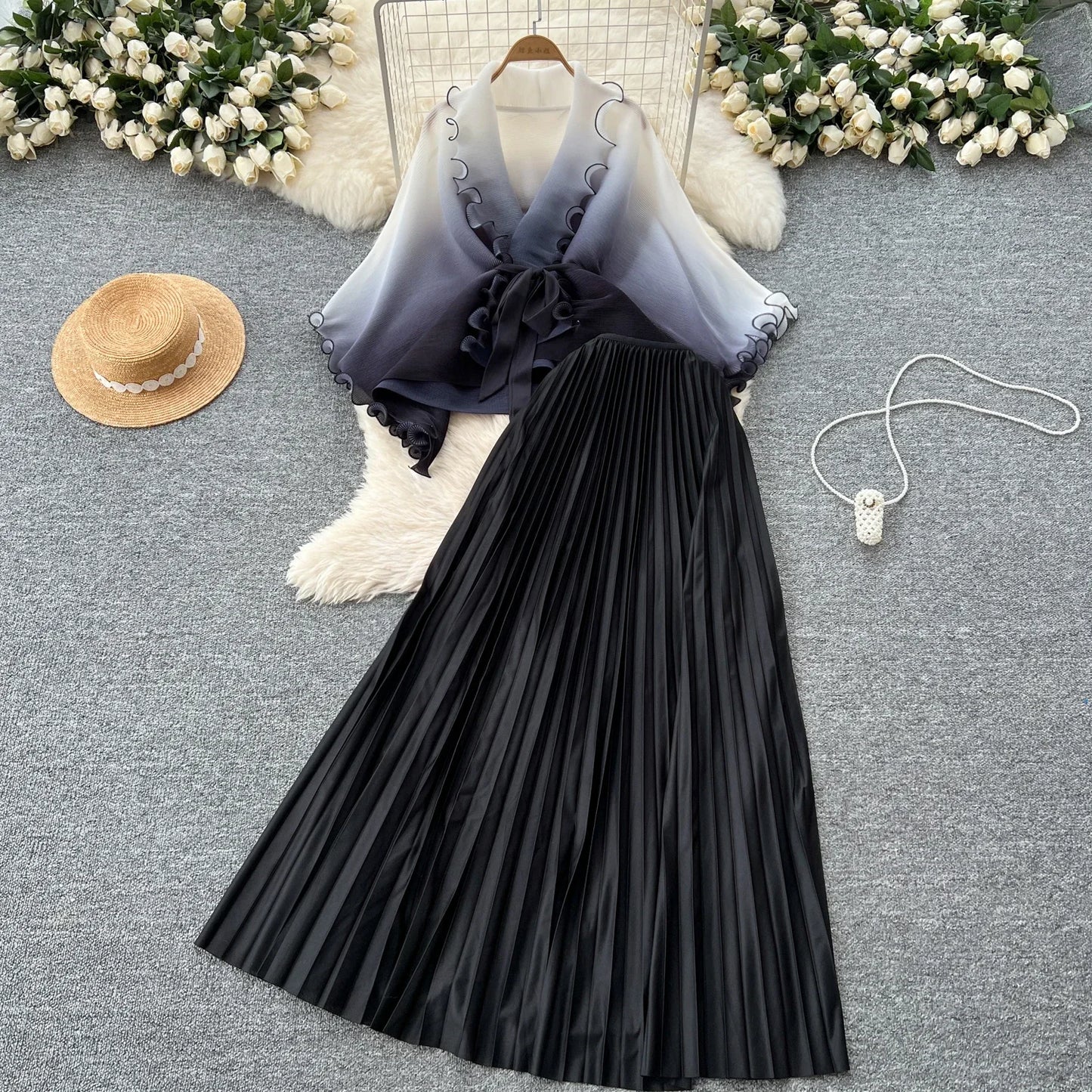 Miyake pli changement progressif couleur bord ondulé costume soleil jupe plissée à la mode et élégant deux pièces ensembles tenues pour femmes