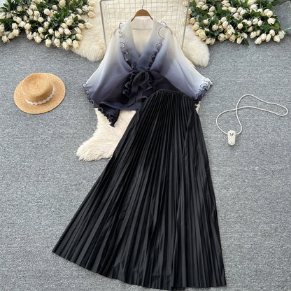 Miyake pli changement progressif couleur bord ondulé costume soleil jupe plissée à la mode et élégant deux pièces ensembles tenues pour femmes