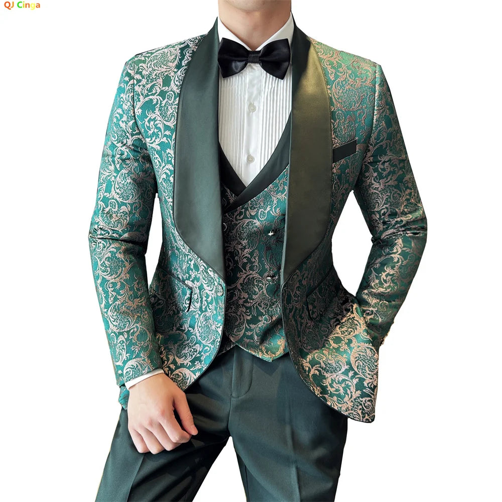 Costume vert 3 pièces pour hommes, veste de robe de soirée de mariage avec gilet et pantalon, ensembles Slim à la mode pour hommes, tissu Jacquard Beige, noir, bleu