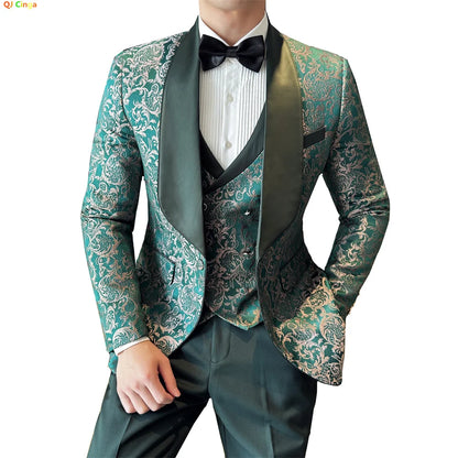 Costume vert 3 pièces pour hommes, veste de robe de soirée de mariage avec gilet et pantalon, ensembles Slim à la mode pour hommes, tissu Jacquard Beige, noir, bleu