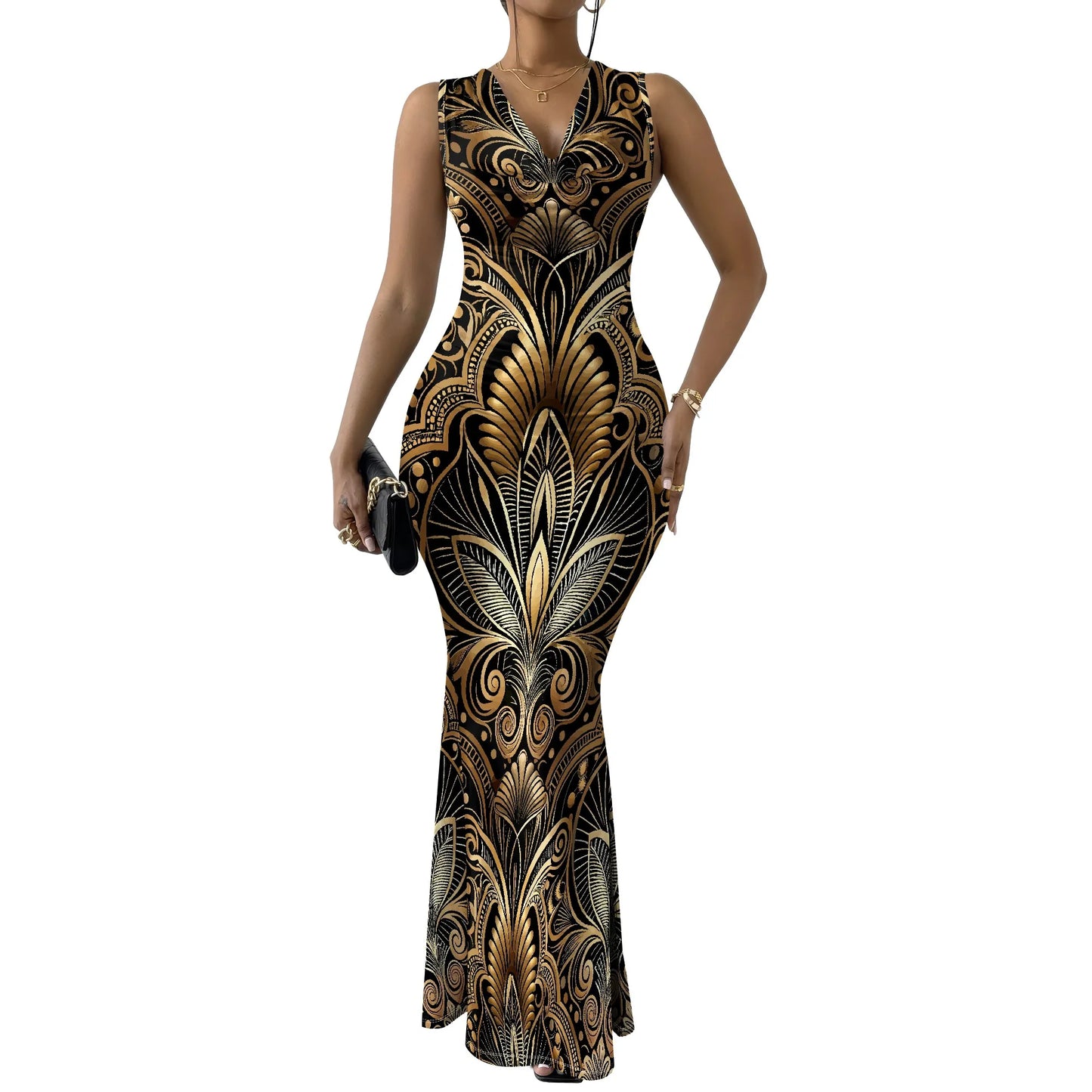 Robe longue moulante à imprimé baroque XS-2XL – Robe bleue et dorée élégante pour tenue de soirée, événements formels et gala