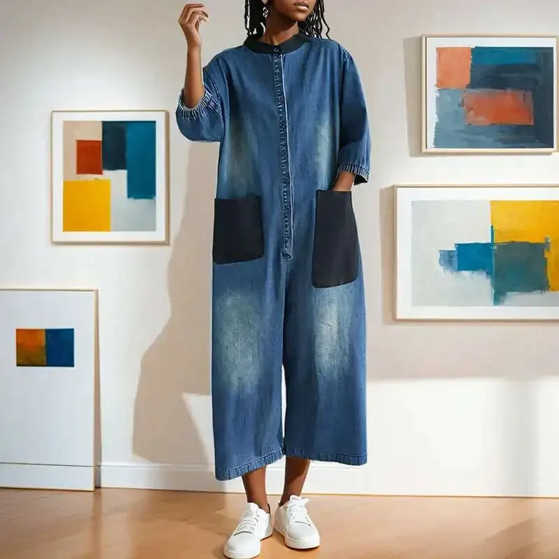 Combinaisons en Denim avec poches Patchwork pour femmes, nouveaux articles, col rond, simple boutonnage, pantalon élastique à manches courtes