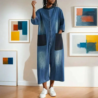 Combinaisons en Denim avec poches Patchwork pour femmes, nouveaux articles, col rond, simple boutonnage, pantalon élastique à manches courtes