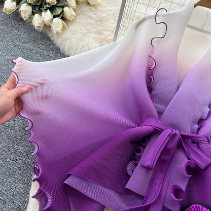 Miyake pli changement progressif couleur bord ondulé costume soleil jupe plissée à la mode et élégant deux pièces ensembles tenues pour femmes