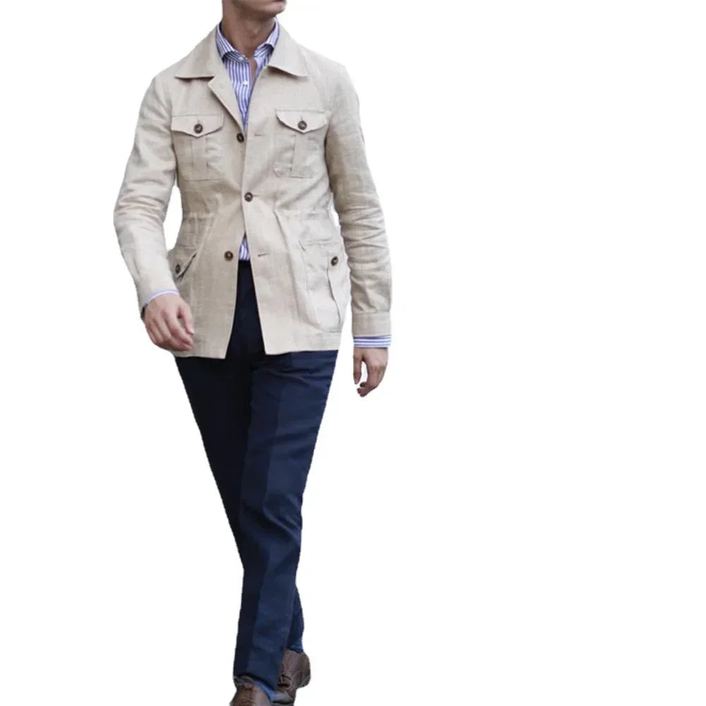 Hommes manteaux Safari veste lin britannique rétro Gentry costume poches vêtements d'extérieur mode couleur unie mâle hauts Ropa Hombre