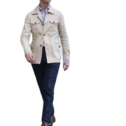 Hommes manteaux Safari veste lin britannique rétro Gentry costume poches vêtements d'extérieur mode couleur unie mâle hauts Ropa Hombre