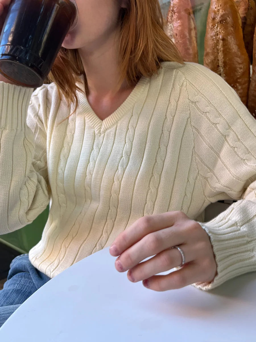 Pull Vintage à fleurs torsadées pour femme, col en V, manches longues, Style Preppy, décontracté, Streetwear, haut Chic, automne