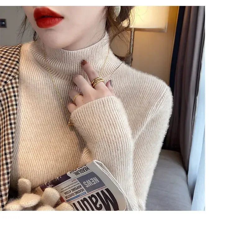 Automne hiver épais Pull femmes tricoté côtelé Pull Pull à manches longues col roulé mince Pull doux chaud Pull Femme 2025