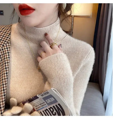 Automne hiver épais Pull femmes tricoté côtelé Pull Pull à manches longues col roulé mince Pull doux chaud Pull Femme 2025