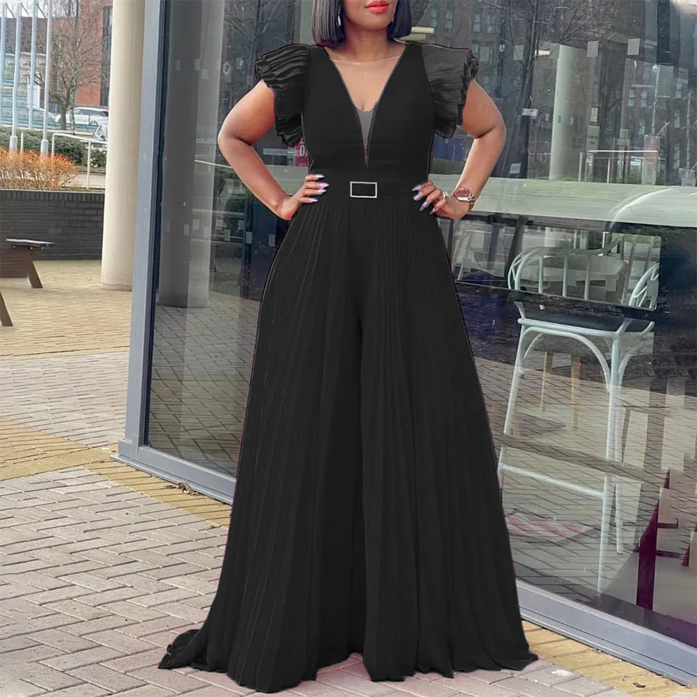 Combinaison élégante en maille patchwork plissée pour femme, jambe large, taille haute, col en V, manches évasées, combishort de fête, été 2022