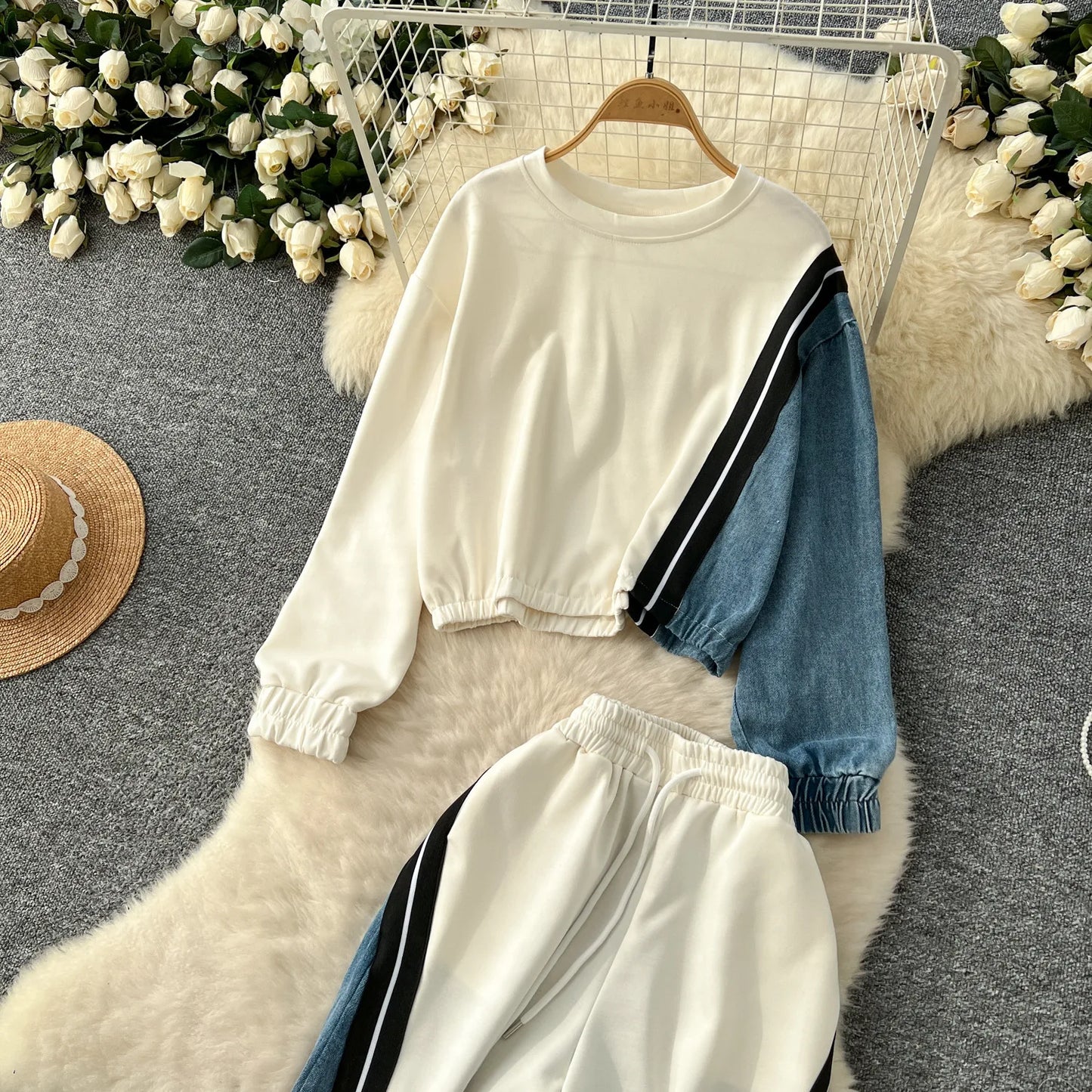 Ensemble pantalon deux pièces pour femmes, col rond, assorti, sweat-shirt, hauts, jambes larges, pantalons longs, décontracté, ample, taille élastique, Denim