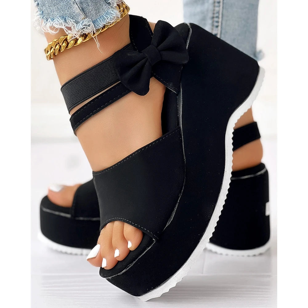 Peep Parker-Sandales à l'offre elles compensées avec nœud papillon pour femmes, sandales en daim, style coréen, printemps, automne, été, 03/Casual, 2024