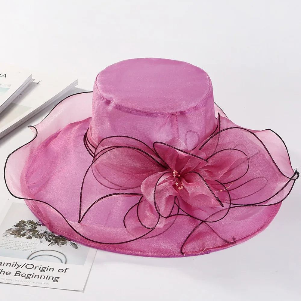Chapeau Derby à fleurs de couleur unie pour femmes, en Organza à large bord, à volants, chapeau de soleil pliable, Protection UV, pour fête de thé, mariage