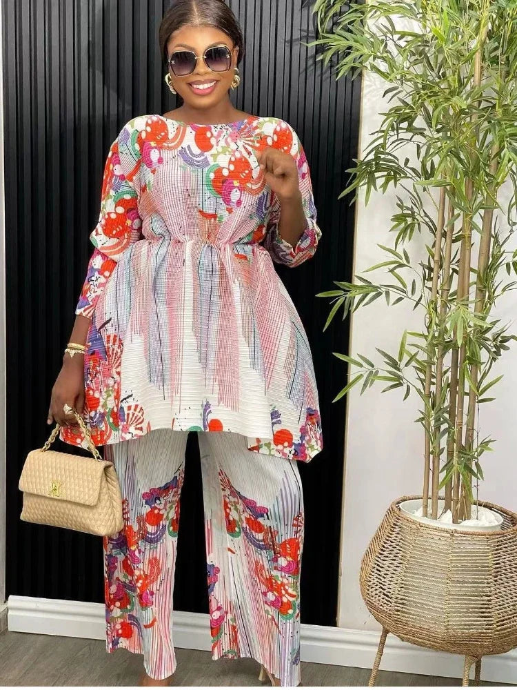 ANLAN-Ensemble Deux Pièces Plissé pour Femme, Imprimé, Manches sulf, Lacets, Taille Ronde, Pantalon Décontracté, Nouvelle Collection Automne 2024, 7YK3519