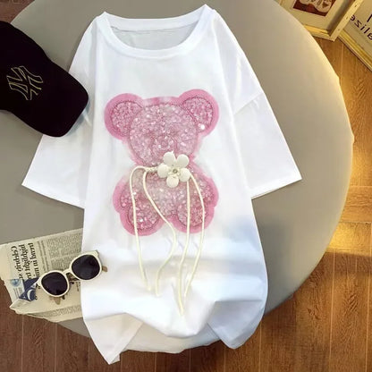 Harajuku pur coton violet cristal diamants ours broderie mignon t-shirts Kawaii femmes filles hauts décontractés en vrac mode coréenne
