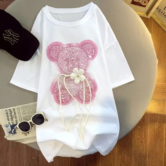 Harajuku pur coton violet cristal diamants ours broderie mignon t-shirts Kawaii femmes filles hauts décontractés en vrac mode coréenne