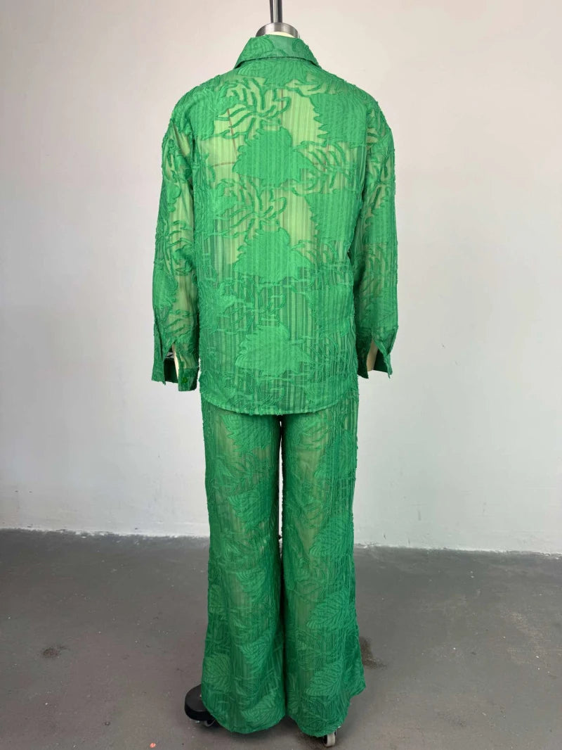 Ensemble élégant pour femmes, chemise à manches longues et pantalon droit à jambes larges, Perspective brodée, ensemble 2 pièces, survêtement, 2025 OL