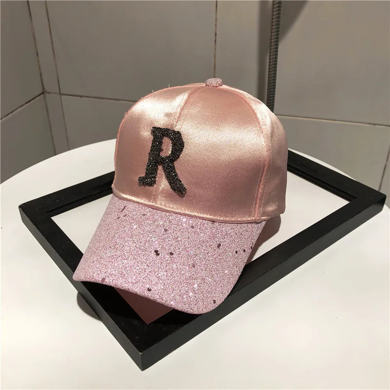Casquette de baseball en satin brillant avec lettre R pour femmes et filles, chapeaux Snapback, sports de plein air, hip hop, soleil, printemps, été, mode