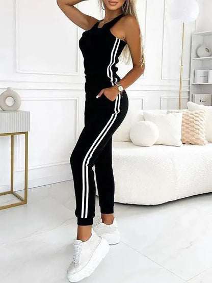 Ensemble trois pièces décontracté pour femmes, débardeur avec bande rayée, pantalon à revers, veste boutonnée, vêtements de sport, survêtements pour femmes, automne
