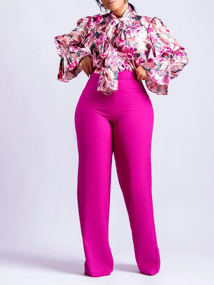 Ensemble chemise à manches longues et pantalon large pour femme, décontracté, imprimé, élégant, mode, automne, hiver, nouveau, 2 pièces
